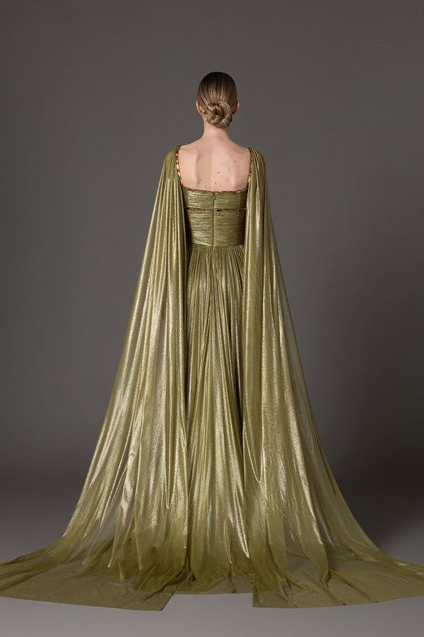 Draped dress in olive green silk foiled tulle with baguette detailing