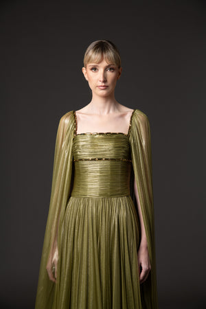 Draped dress in olive green silk foiled tulle with baguette detailing