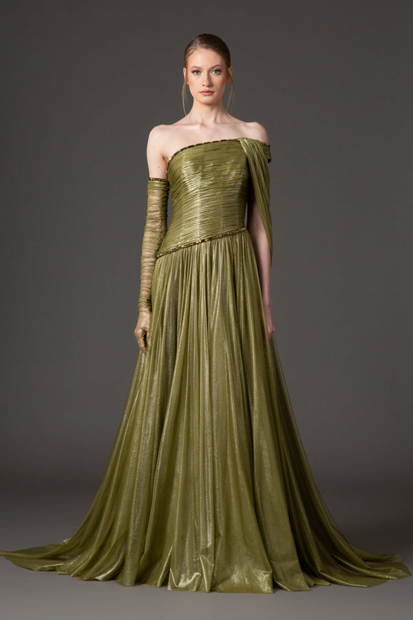 Asymmetric draped dress in olive green silk foiled tulle with baguette detailng