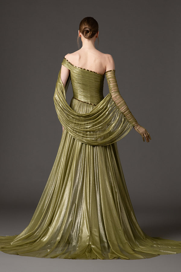 Asymmetric draped dress in olive green silk foiled tulle with baguette detailng