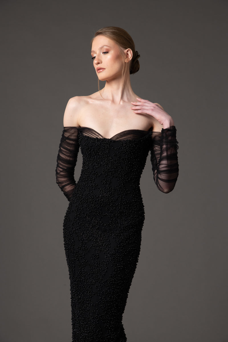 Off the shoulder embroidered black crêpe dress with tulle sleeves