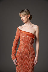 Burnt brick embroidered asymmetric crêpe dress