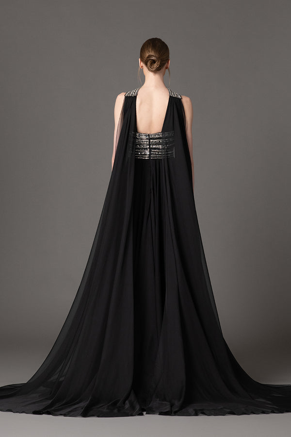 Embroidered black dress with chiffon skirt and cape