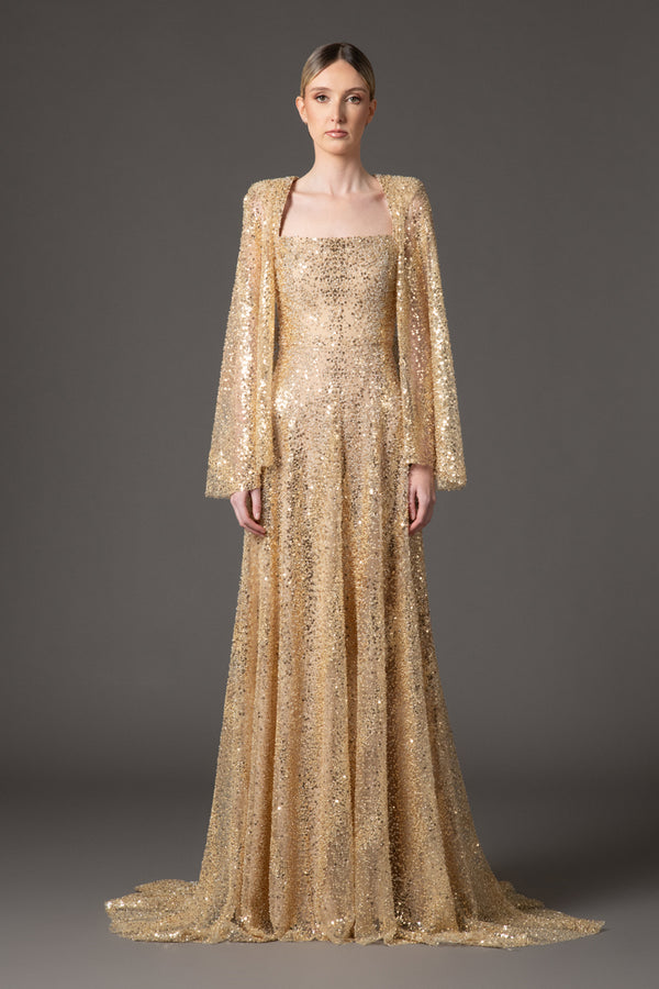 Embroidered gold cape dress