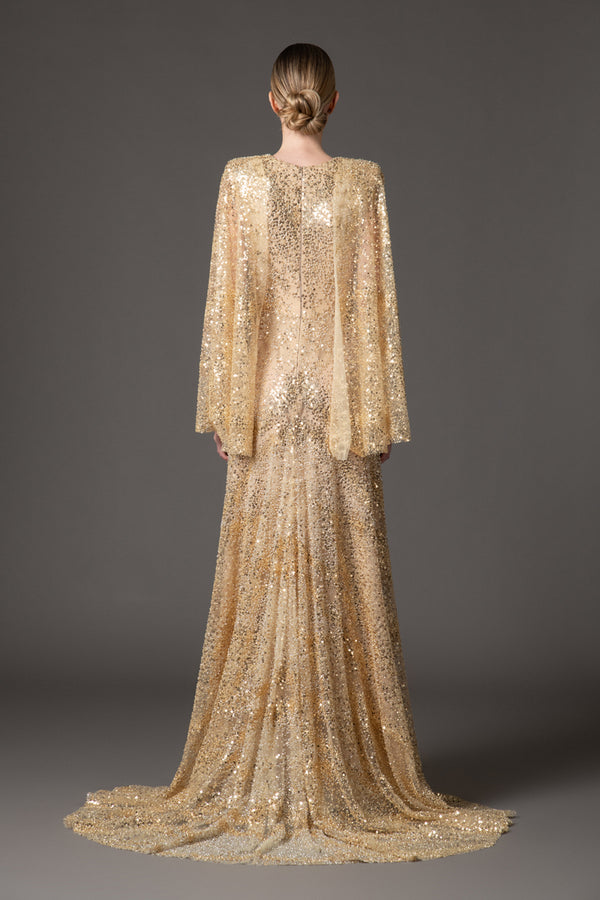 Embroidered gold cape dress