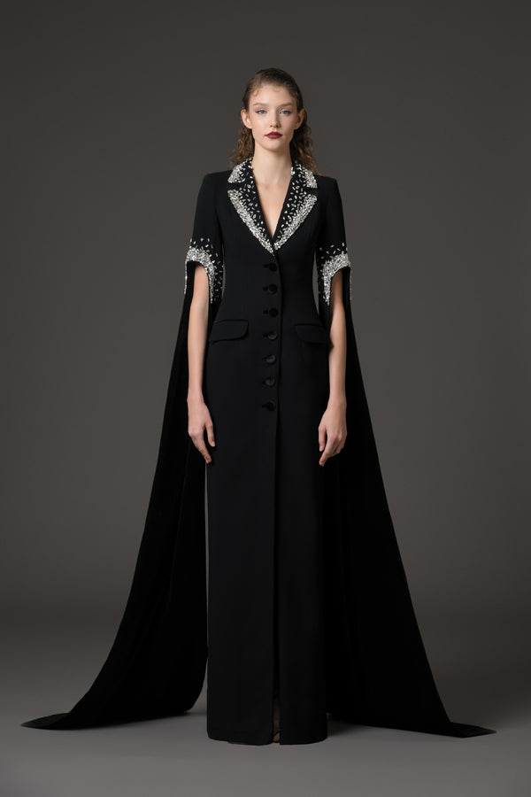 Black crêpe tailored coat dress featuring crystal embroidery‭