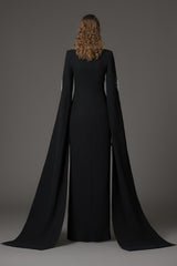 Black crêpe tailored coat dress featuring crystal embroidery‭