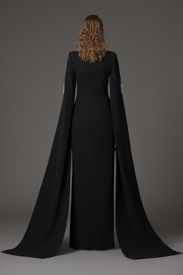 Black crêpe tailored coat dress featuring crystal embroidery‭