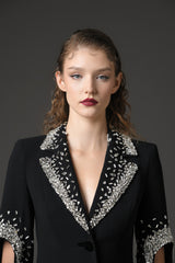 Black crêpe tailored coat dress featuring crystal embroidery‭