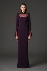 Embroidered burgundy crêpe dress with bell sleeves‭