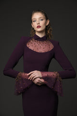 Embroidered burgundy crêpe dress with bell sleeves‭