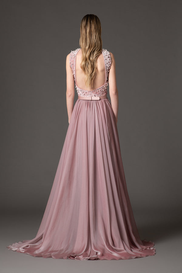 Vintage rose velvet embroidered corset dress with chiffon