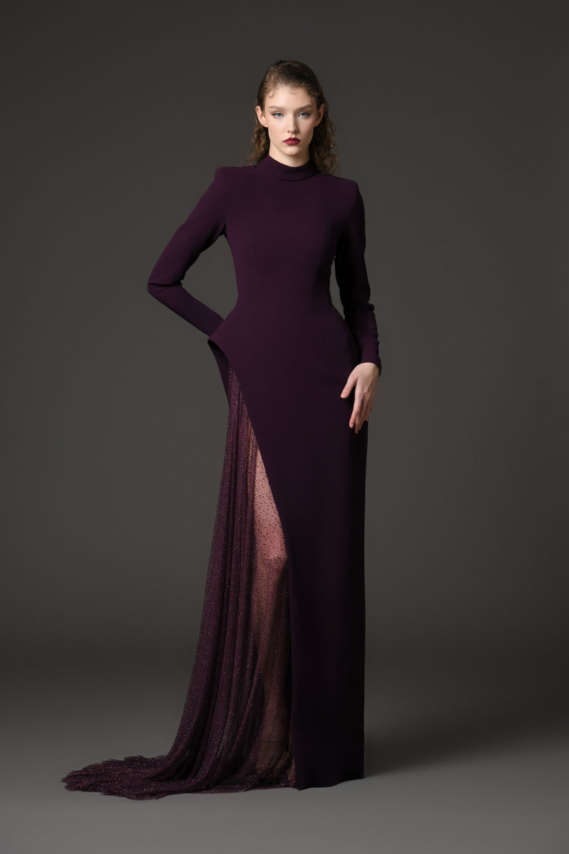 Burgundy asymmetric crêpe dress with crystal embroidery