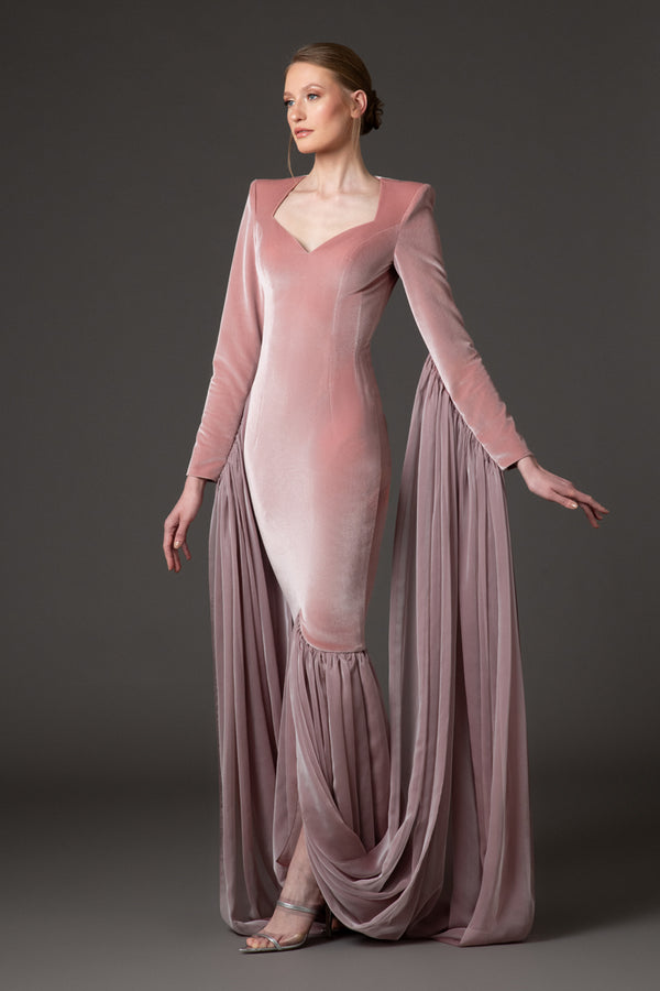 Vintage rose velvet dress with chiffon draping