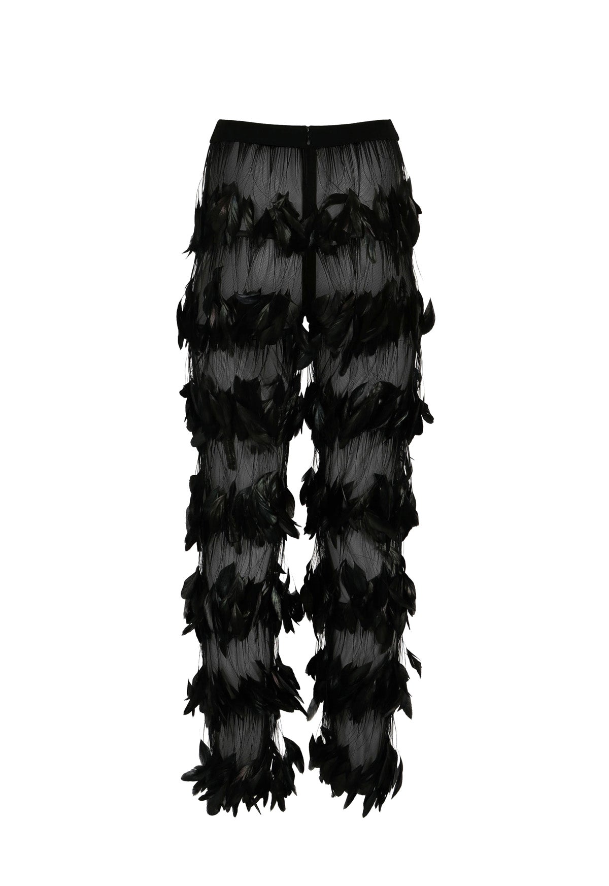 Visible black feathered trousers