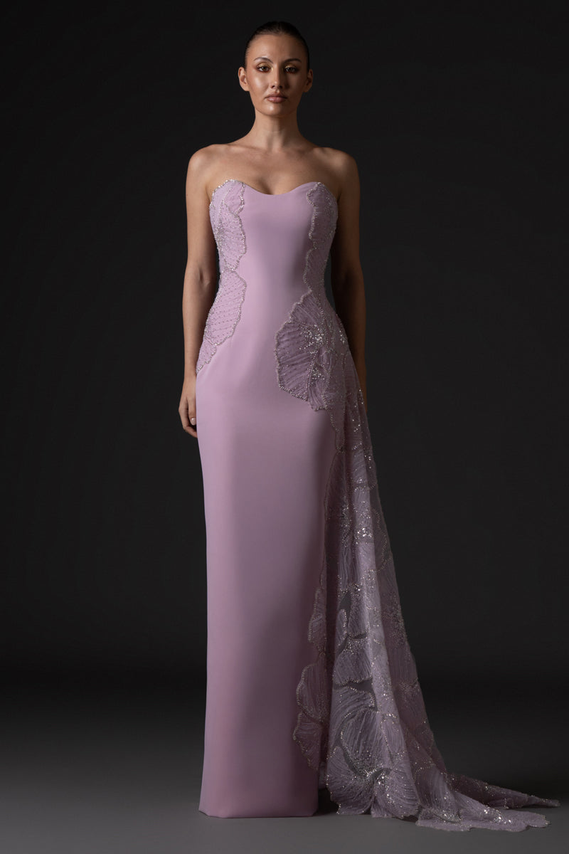 Lavender pink crêpe dress, featuring embroidered tulle detailing