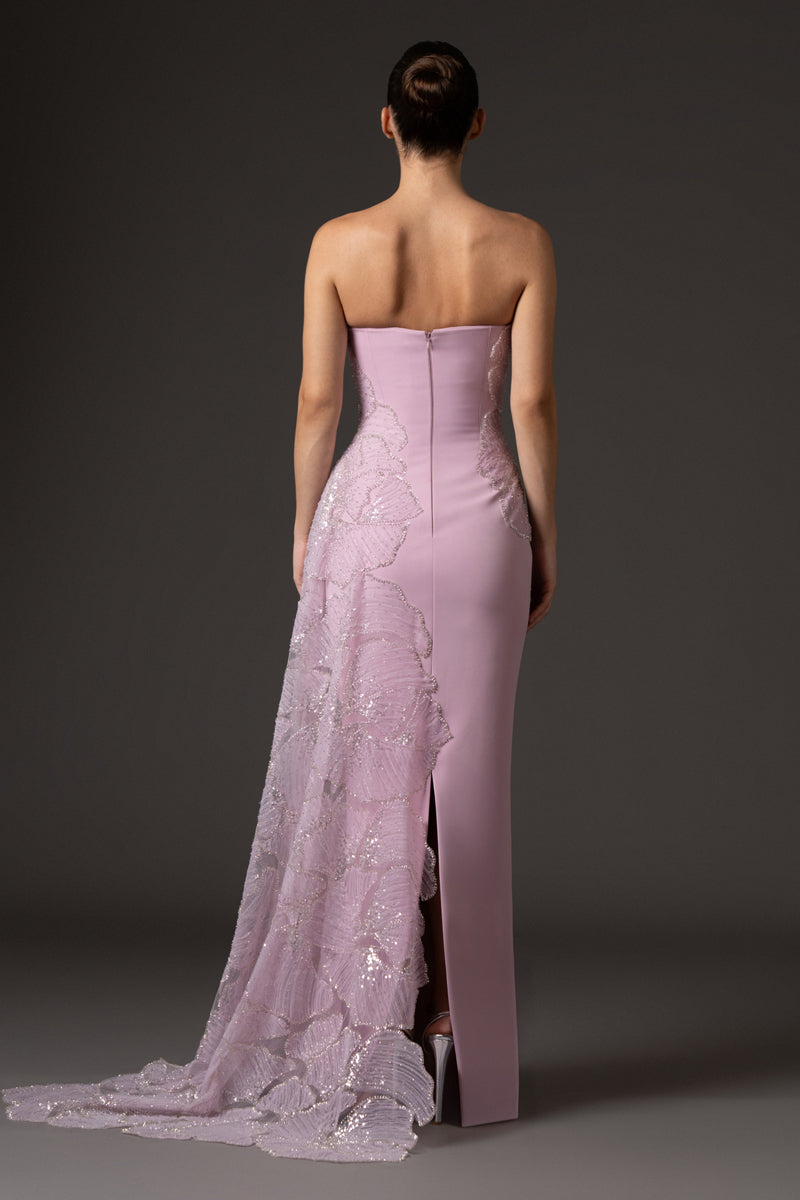 Lavender pink crêpe dress, featuring embroidered tulle detailing