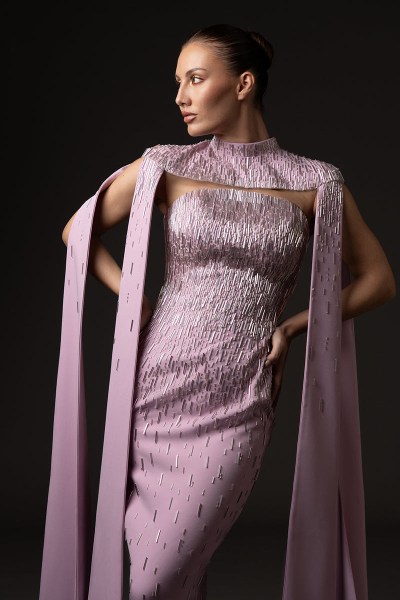 Lavender pink crêpe dress with cape sleeves, embellished with bugle  bead embroidery