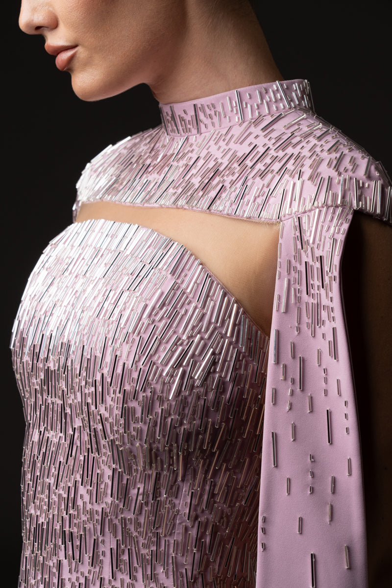 Lavender pink crêpe dress with cape sleeves, embellished with bugle  bead embroidery