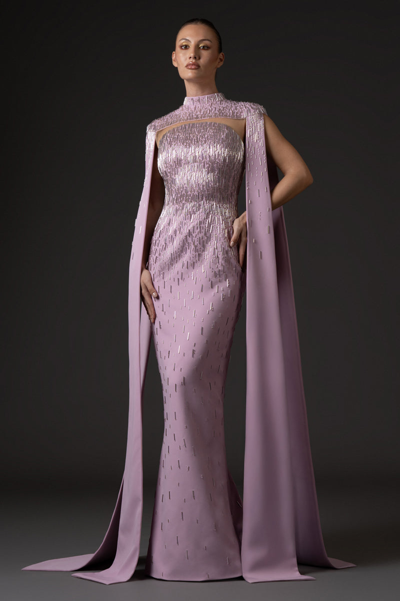 Lavender pink crêpe dress with cape sleeves, embellished with bugle  bead embroidery