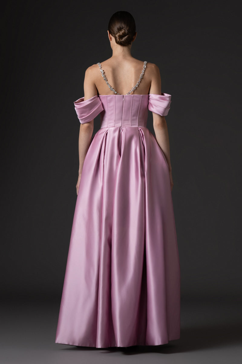 Lavender pink radzimir dress with off-shoulder sleeves, crystal-embellished  straps and a front slit