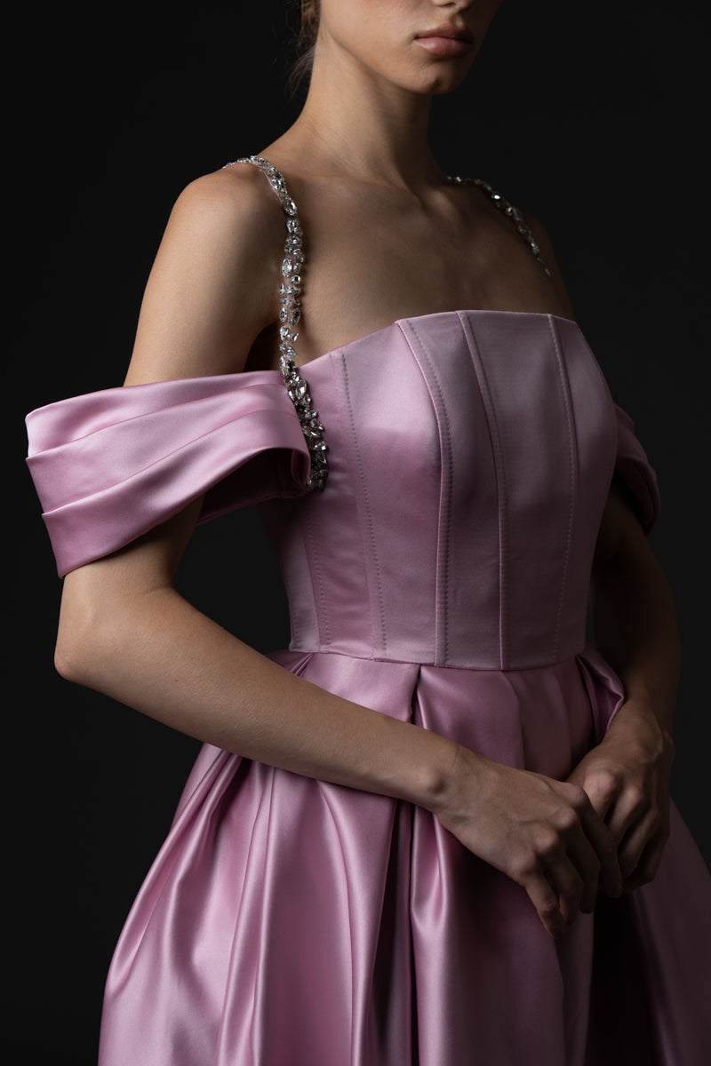 Lavender pink radzimir dress with off-shoulder sleeves, crystal-embellished  straps and a front slit
