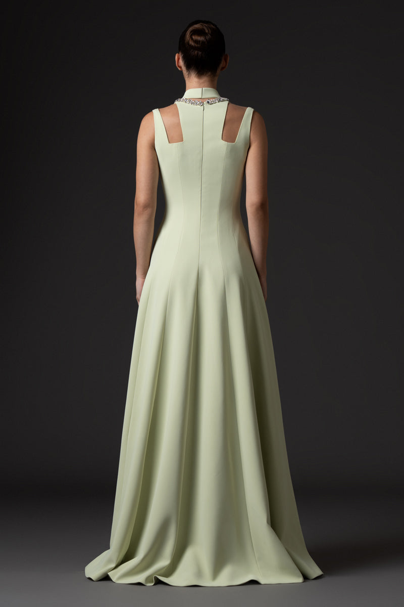 Light pistachio A-line crêpe dress with embroidery and a slit