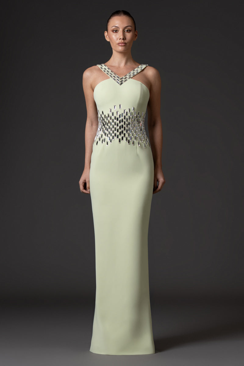 Light pistachio crêpe dress, featuring baguette embroidered neckline and waistline