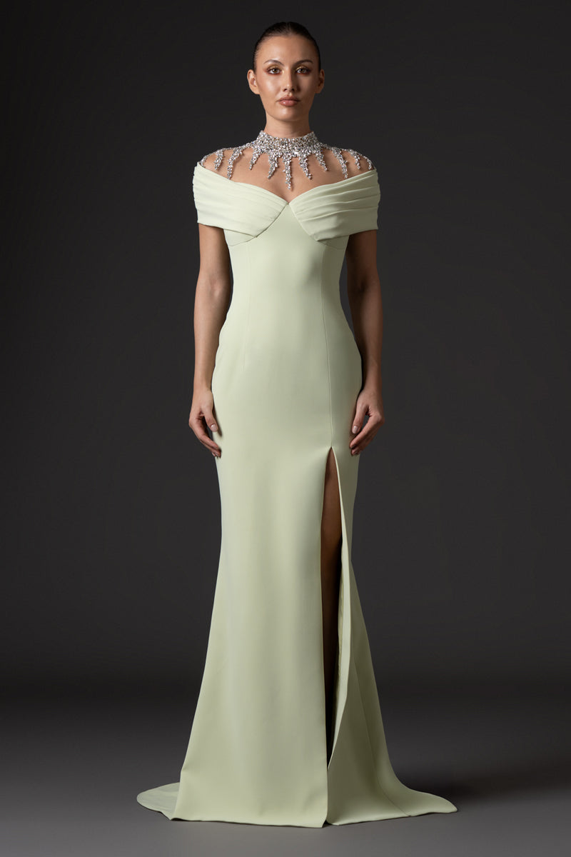 Light pistachio crêpe dress, featuring crystal embroidered neckline