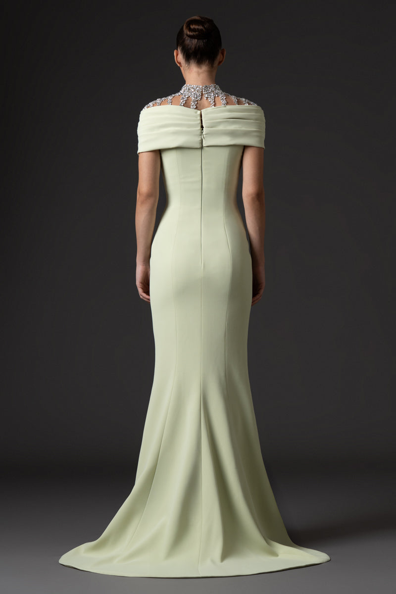 Light pistachio crêpe dress, featuring crystal embroidered neckline