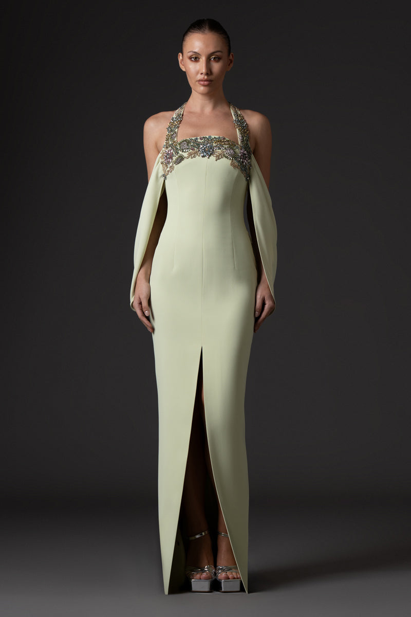 Light pistachio crêpe dress with front slit, featuring crystal floral embroidered neckline