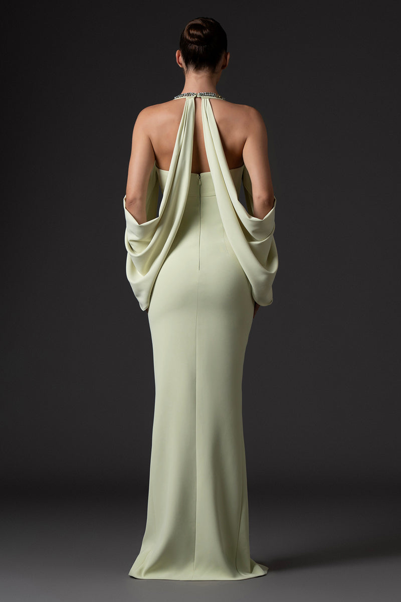 Light pistachio crêpe dress with front slit, featuring crystal floral embroidered neckline