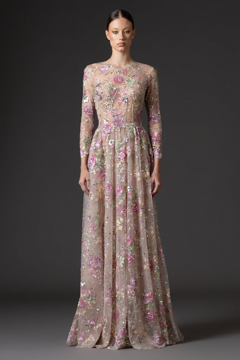 Long-sleeved floral embroidered tulle dress
