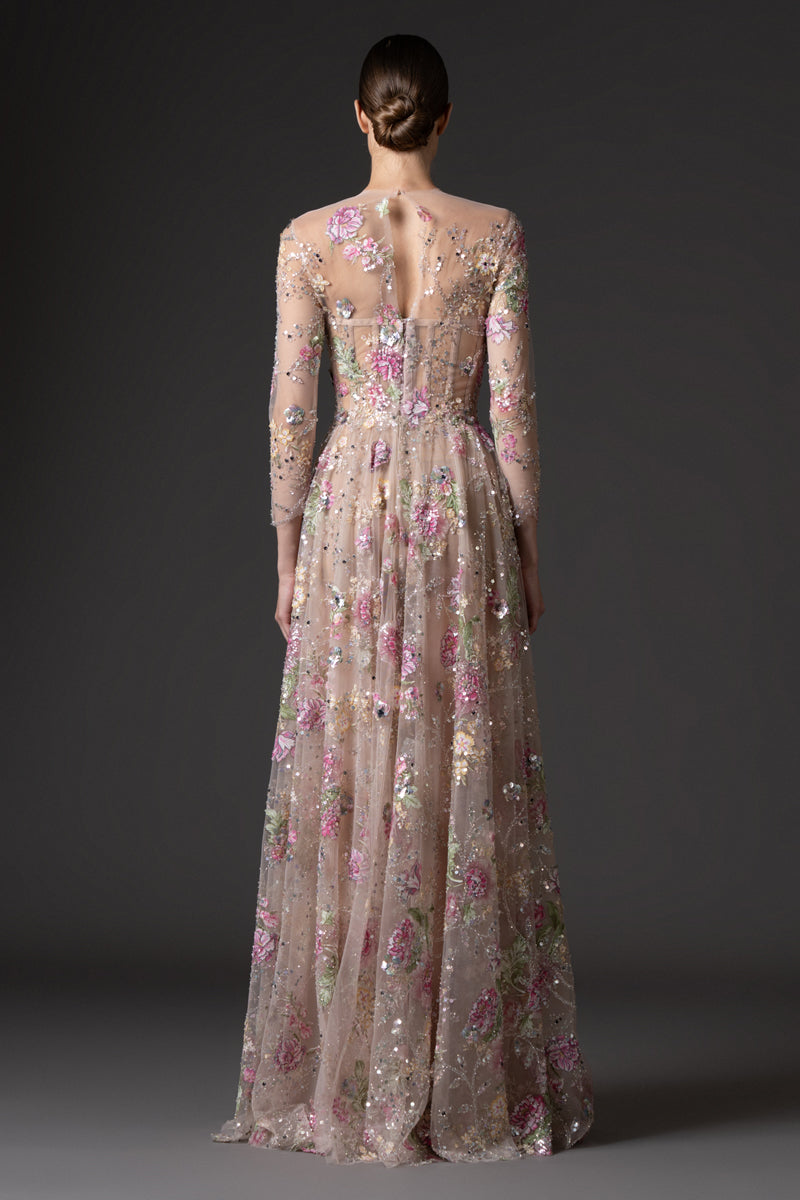 Long-sleeved floral embroidered tulle dress