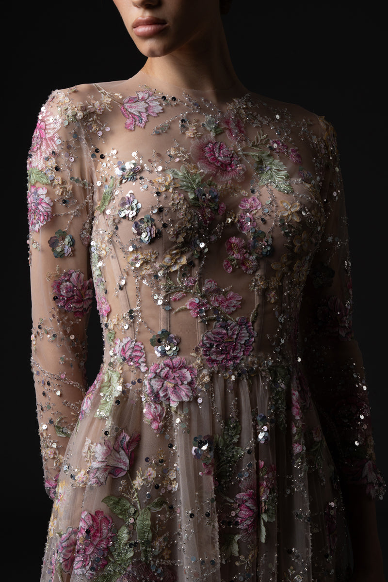 Long-sleeved floral embroidered tulle dress