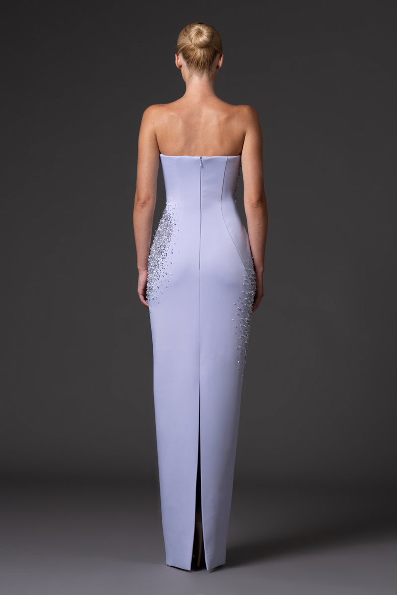 Misty lilac Strapless scuba crêpe dress with crystal embroidery