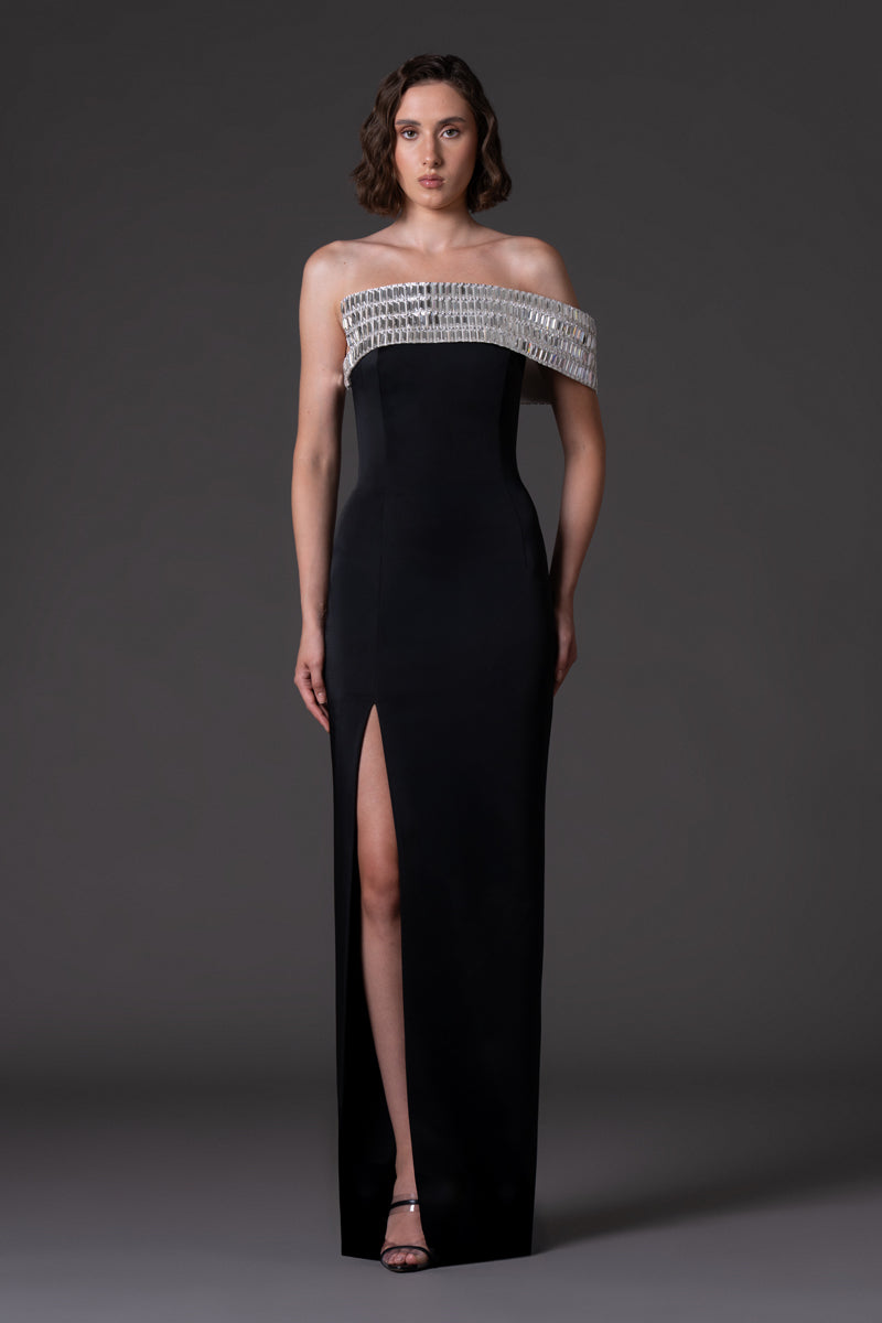 Scuba crêpe dress with baguette embroidered neckline