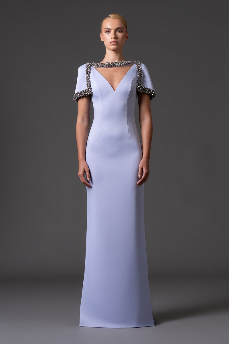 Misty lilac Scuba crêpe dress with crystal embroidered neckline and sleeves