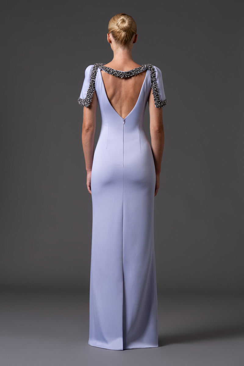 Misty lilac Scuba crêpe dress with crystal embroidered neckline and sleeves