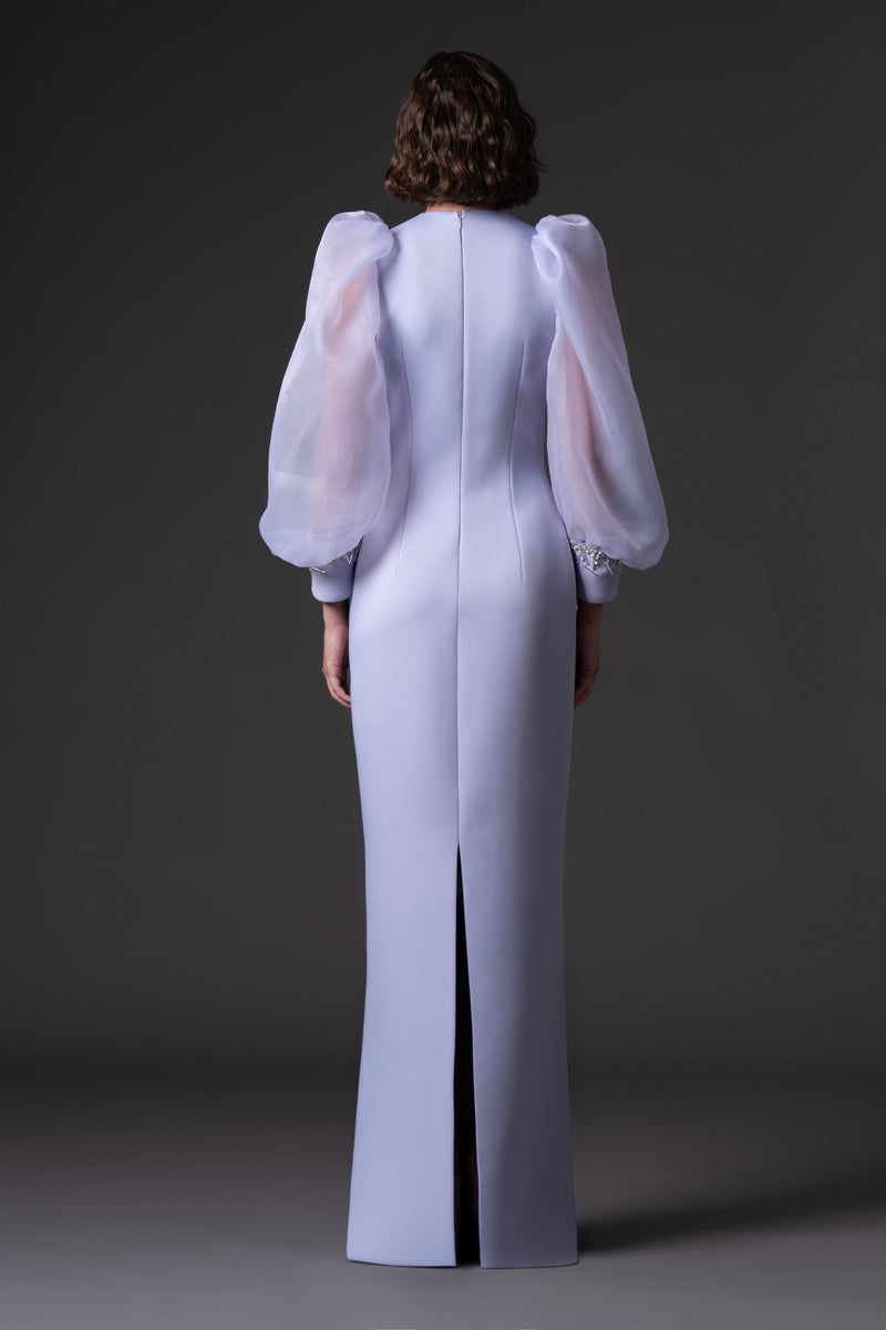 Misty lilac Scuba crêpe dress with puffed organza sleeves and crystal embroidered cuffs and pockets