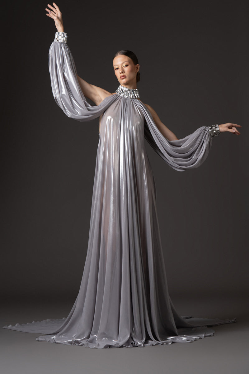 Silver chiffon lamé dress with halter neck and sleeves, featuring baguette embroidery  on neckline and cuffs