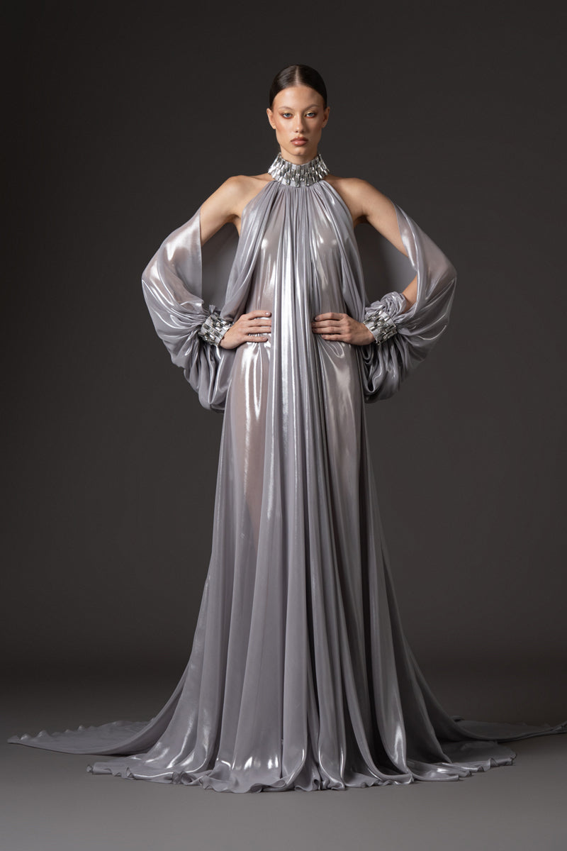 Silver chiffon lamé dress with halter neck and sleeves, featuring baguette embroidery  on neckline and cuffs