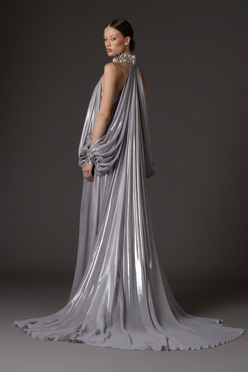 Silver chiffon lamé dress with halter neck and sleeves, featuring baguette embroidery  on neckline and cuffs