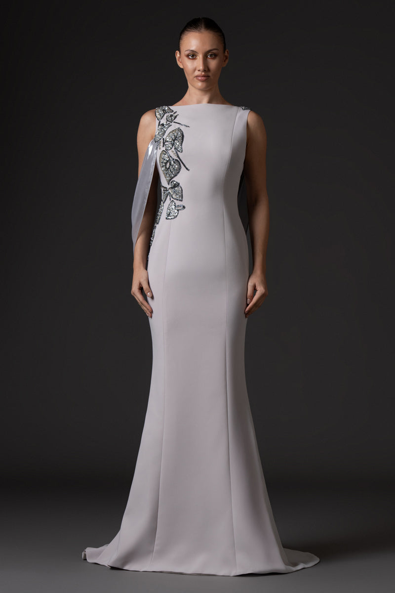 Silver gray crêpe dress with floral embroidery and silver chiffon lamé detail