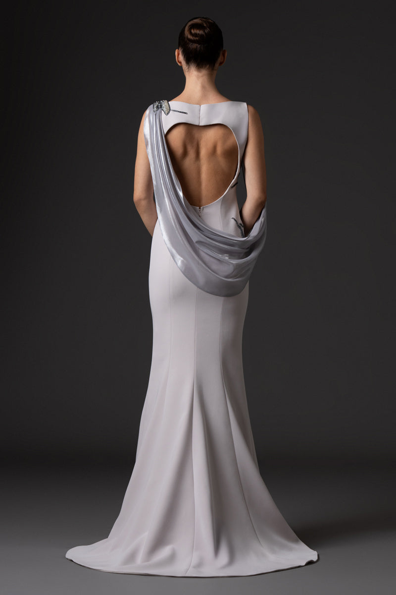 Silver gray crêpe dress with floral embroidery and silver chiffon lamé detail