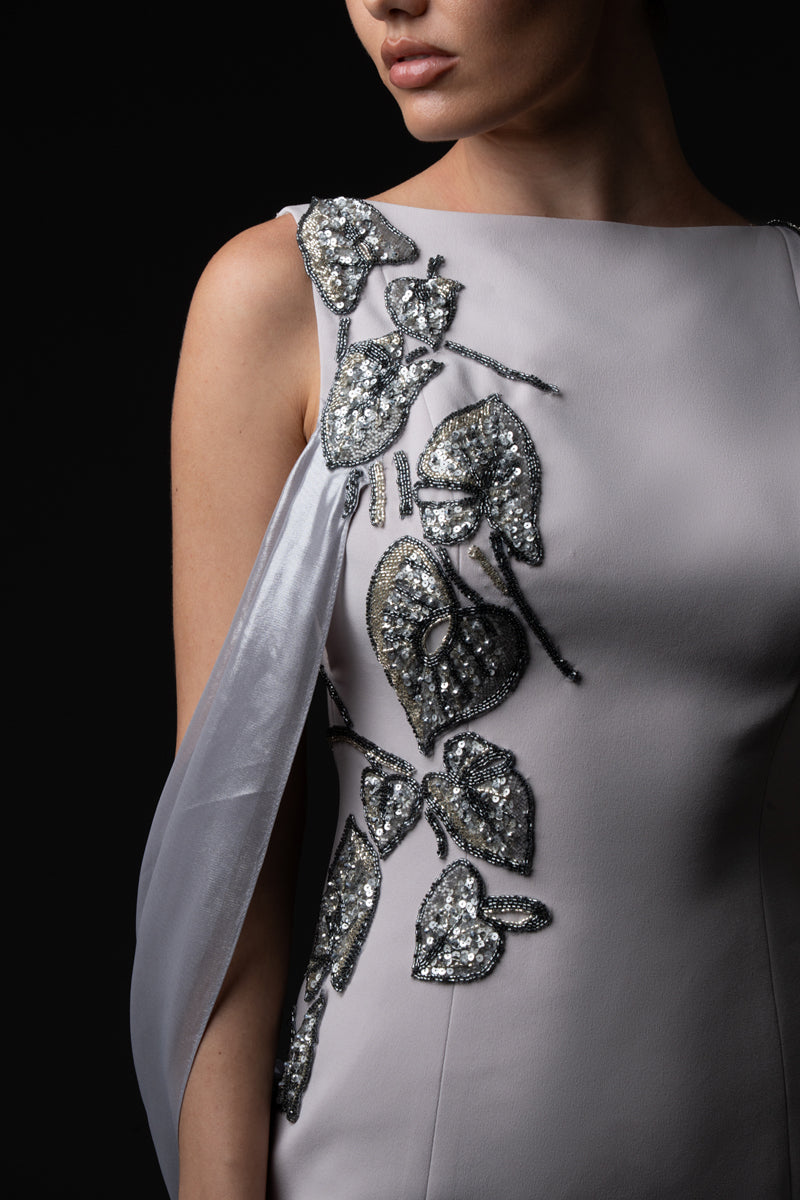 Silver gray crêpe dress with floral embroidery and silver chiffon lamé detail