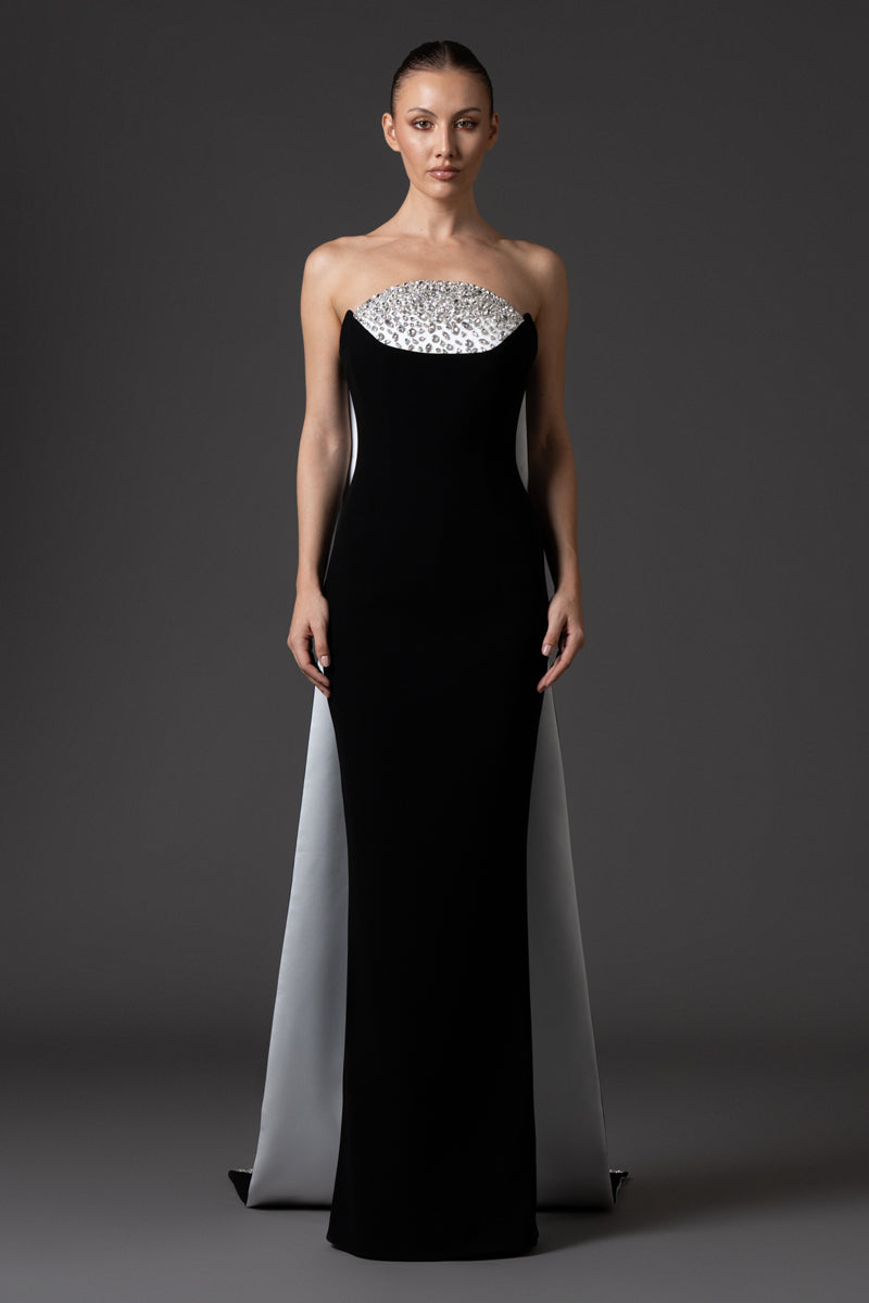 Strapless black crêpe dress with white radzimir bust, embellished with  crystal embroidery and a back train