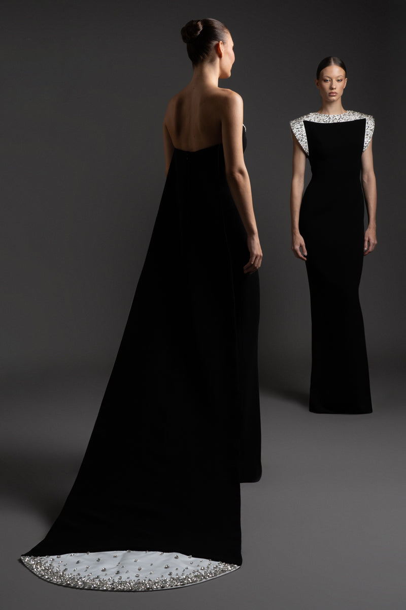 Strapless black crêpe dress with white radzimir bust, embellished with  crystal embroidery and a back train