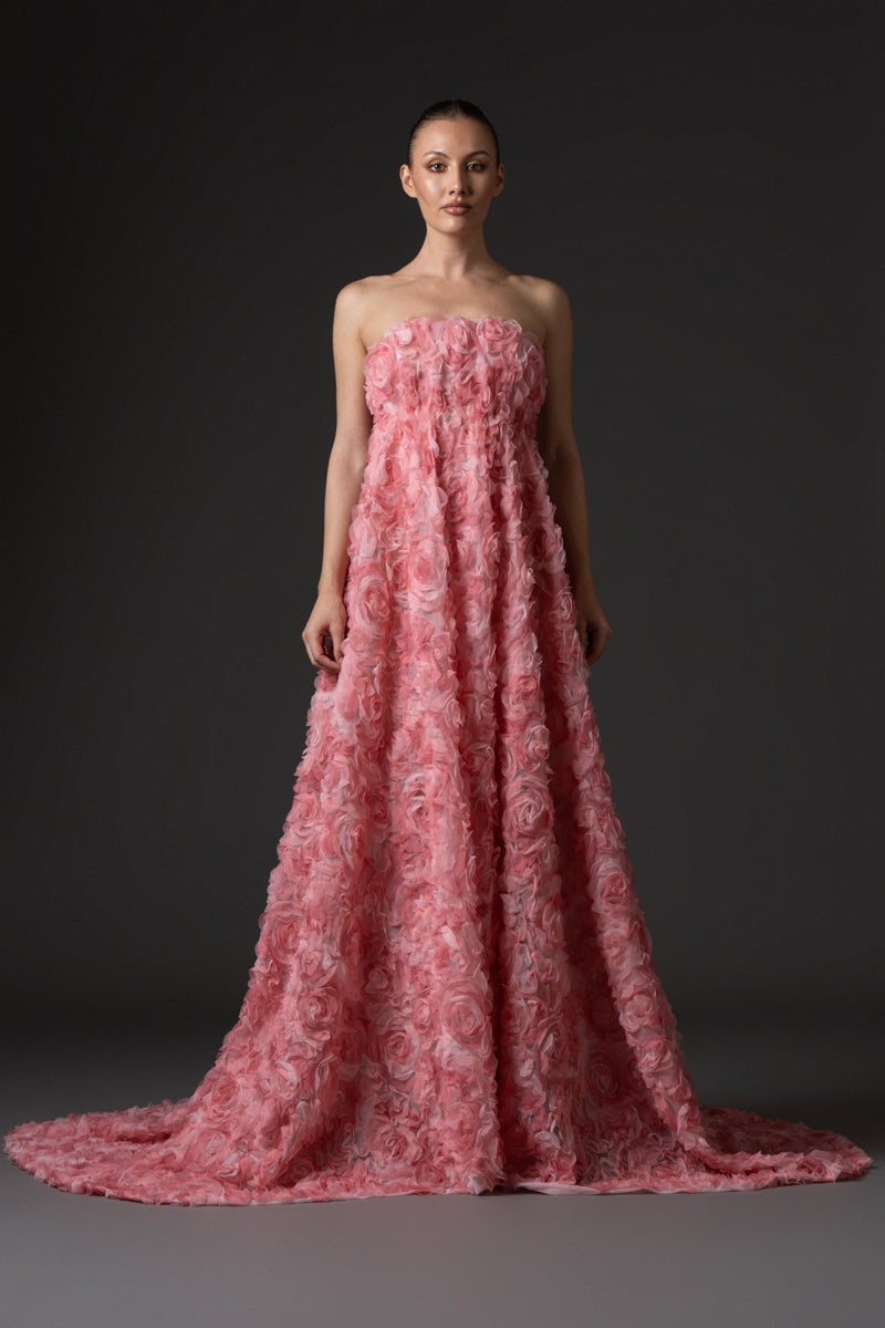 Strapless blush pink 3d floral embroidered tulle dress