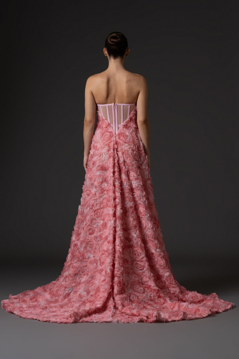 Strapless blush pink 3d floral embroidered tulle dress
